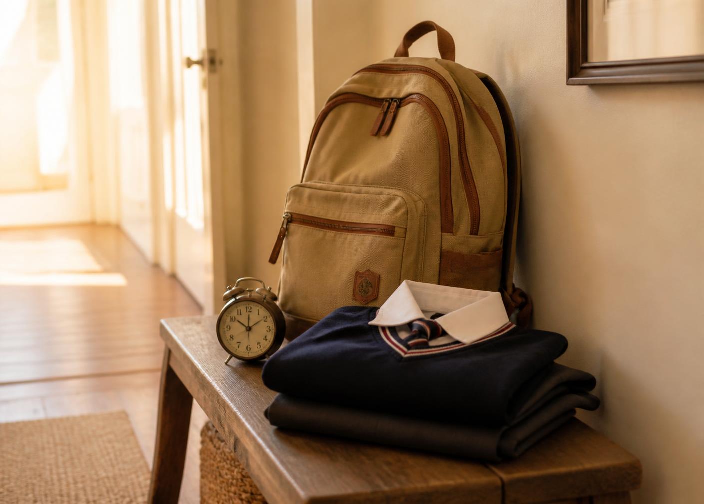 School backpack, folded uniform and an alarm clock on a wooden hallway bench in morning light
