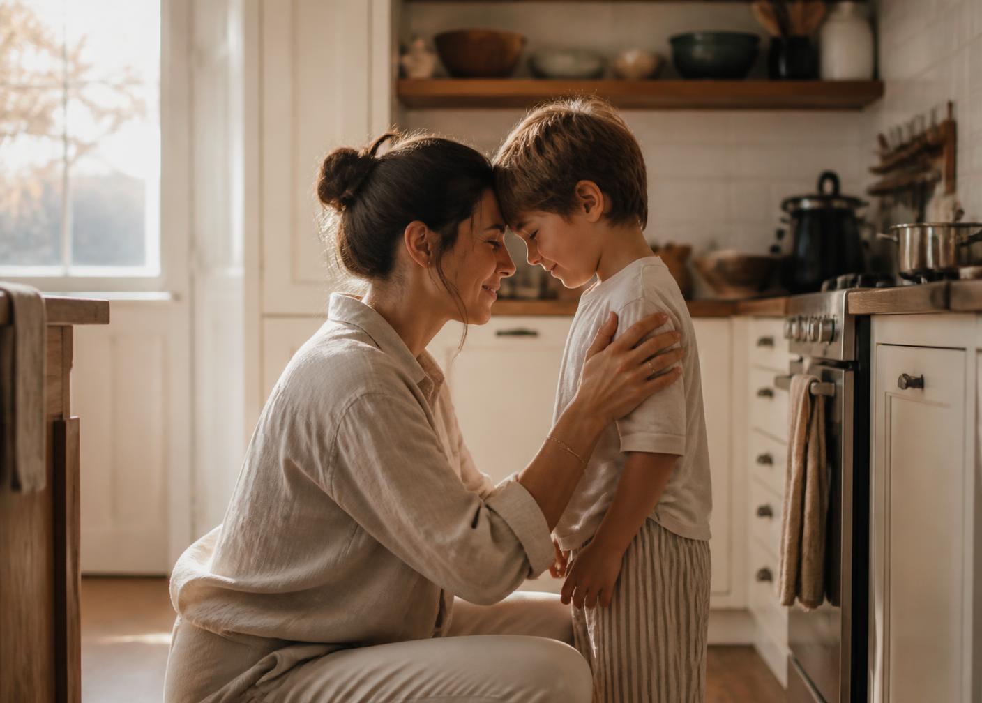 A mother kneeling to speak gently with her young son in a sunlit kitchen